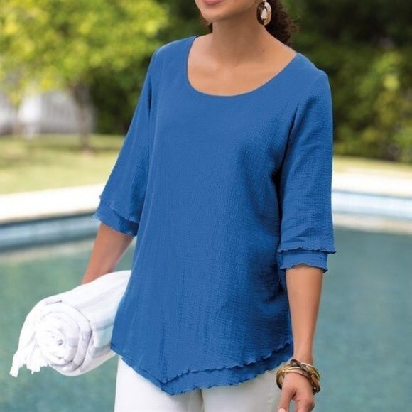 SOFT SURROUNDINGS Siesta Key Tunic Top Electric Blue Cotton Ruffle Tiered - Picture 2 of 10